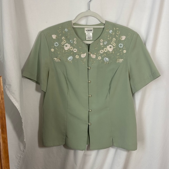 Vintage Liz Baker Green Embroidered Short Sleeve Blouse Button Down Shirt - Picture 4 of 10